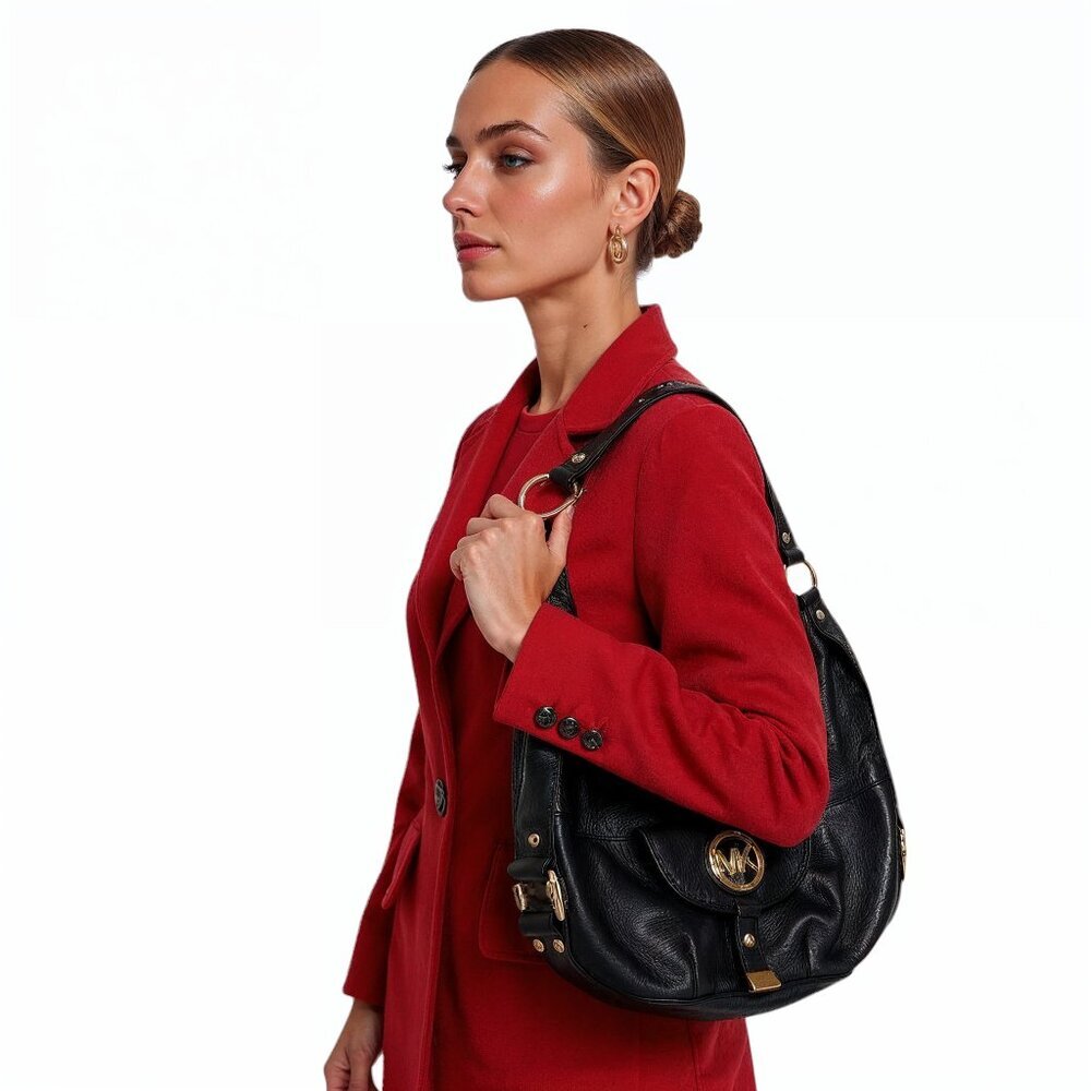 Michael Kors Black Leather Hobo Shoulder Bag – Women’s Medium Purse with Gold Ha